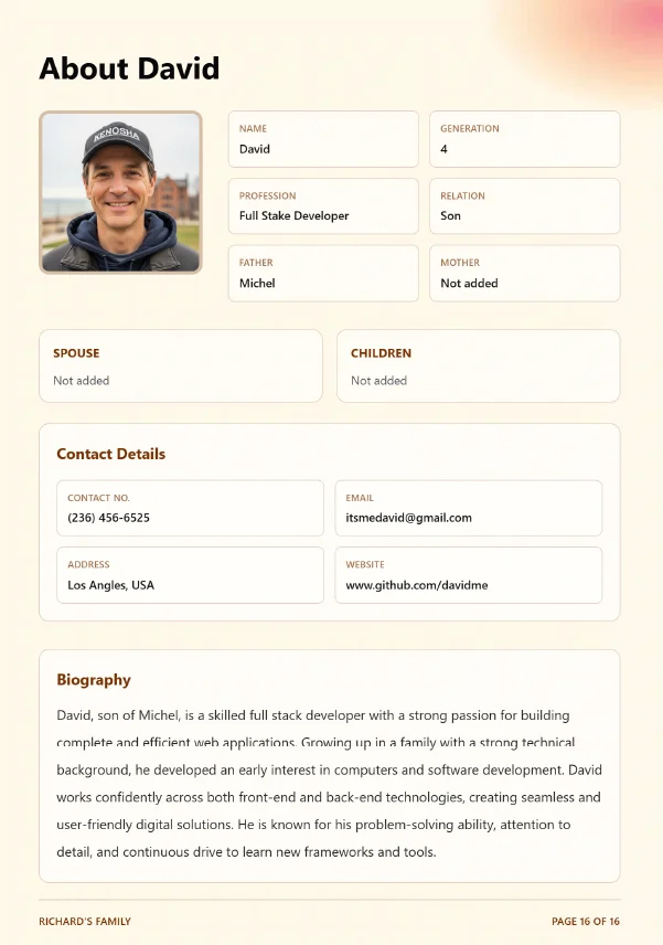 About David — Full Stack Developer, Son, Generation 4 — with contact details and biography