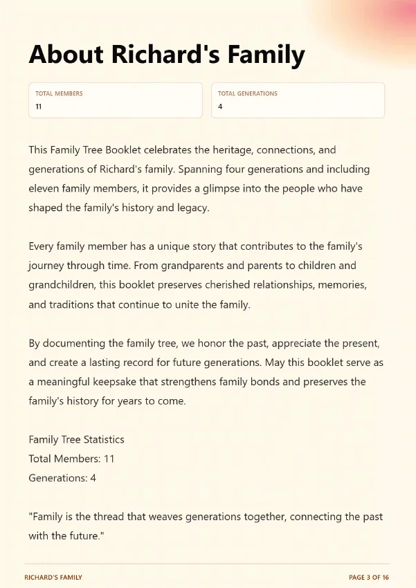 About Richard's Family page — an introduction with total members, generations and family narrative