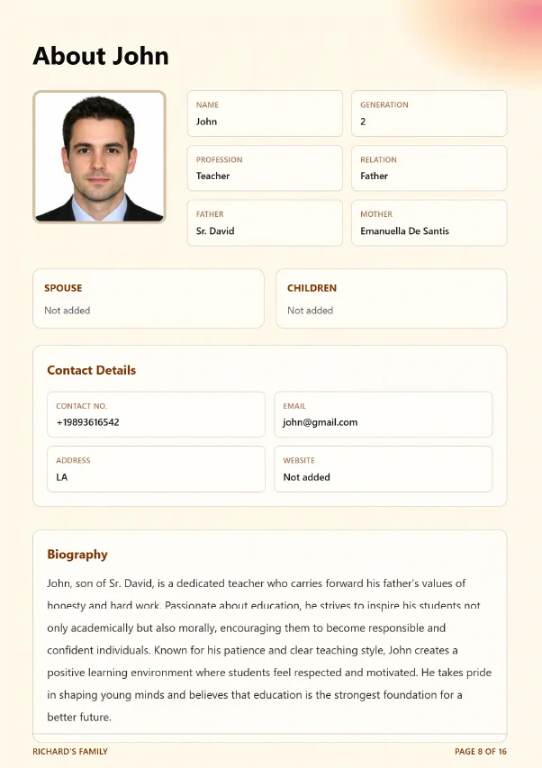 About John — individual member page showing photo, generation, profession, contact details and biography