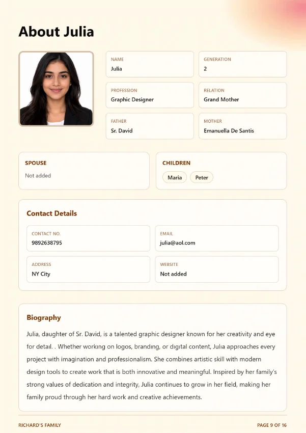 About Julia — member page showing Graphic Designer, Grand Mother, with children Maria and Peter listed
