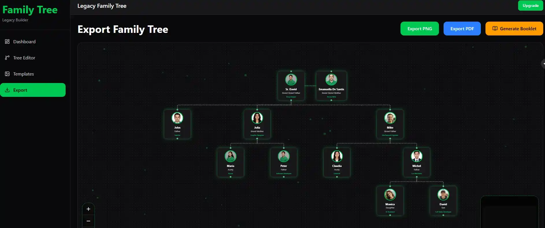 Export family tree as PNG, PDF or generate a booklet