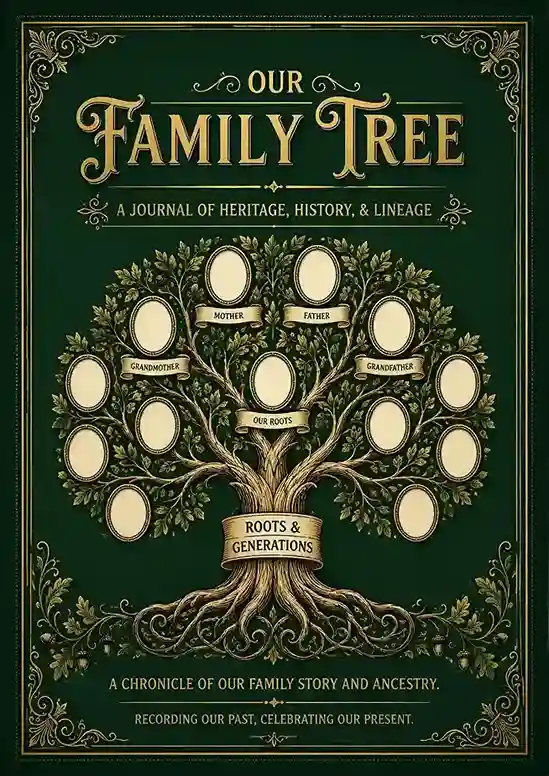 Beautiful family history book cover — Our Family Tree heritage journal