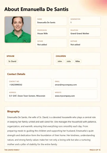 Individual member page inside the family history booklet