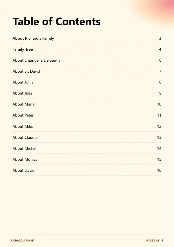 Table of Contents page listing all family member pages from About Richard's Family through to About David